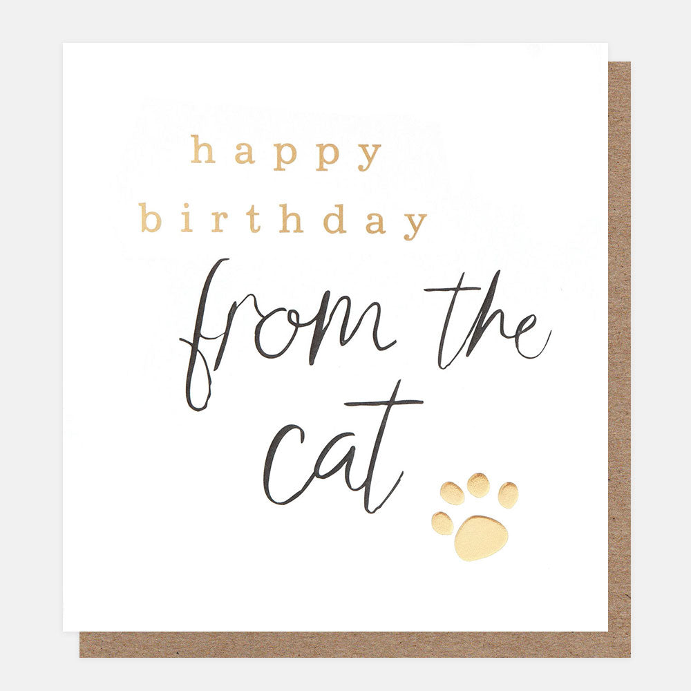 birthday card from the cat with gold foil lettering and paw print