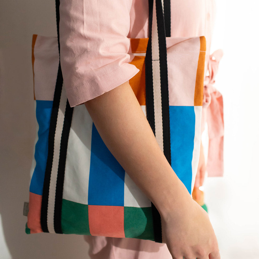 multi coloured block print tote bag