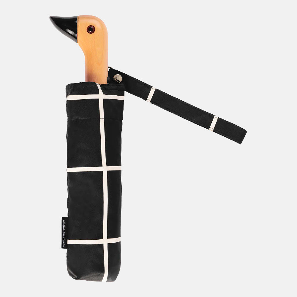 black and white geometric grid print duckhead folding umbrella with wooden duck head handle