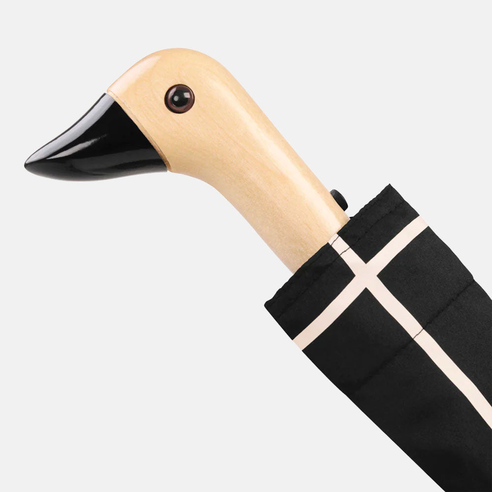 black and white geometric grid print duckhead folding umbrella with wooden duck head handle