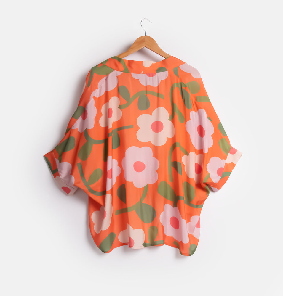 women's orange with pink flowers print short kimono 