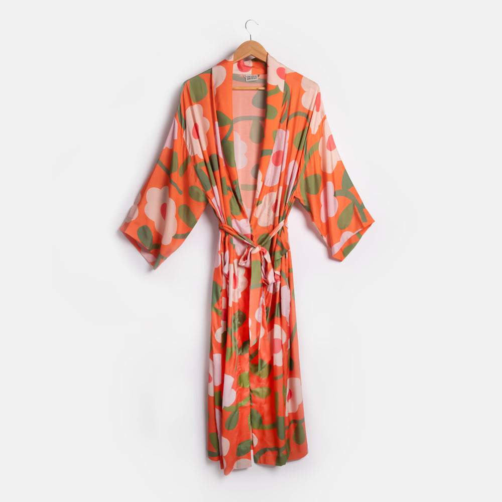 women's orange with pink flowers print viscose dressing gown