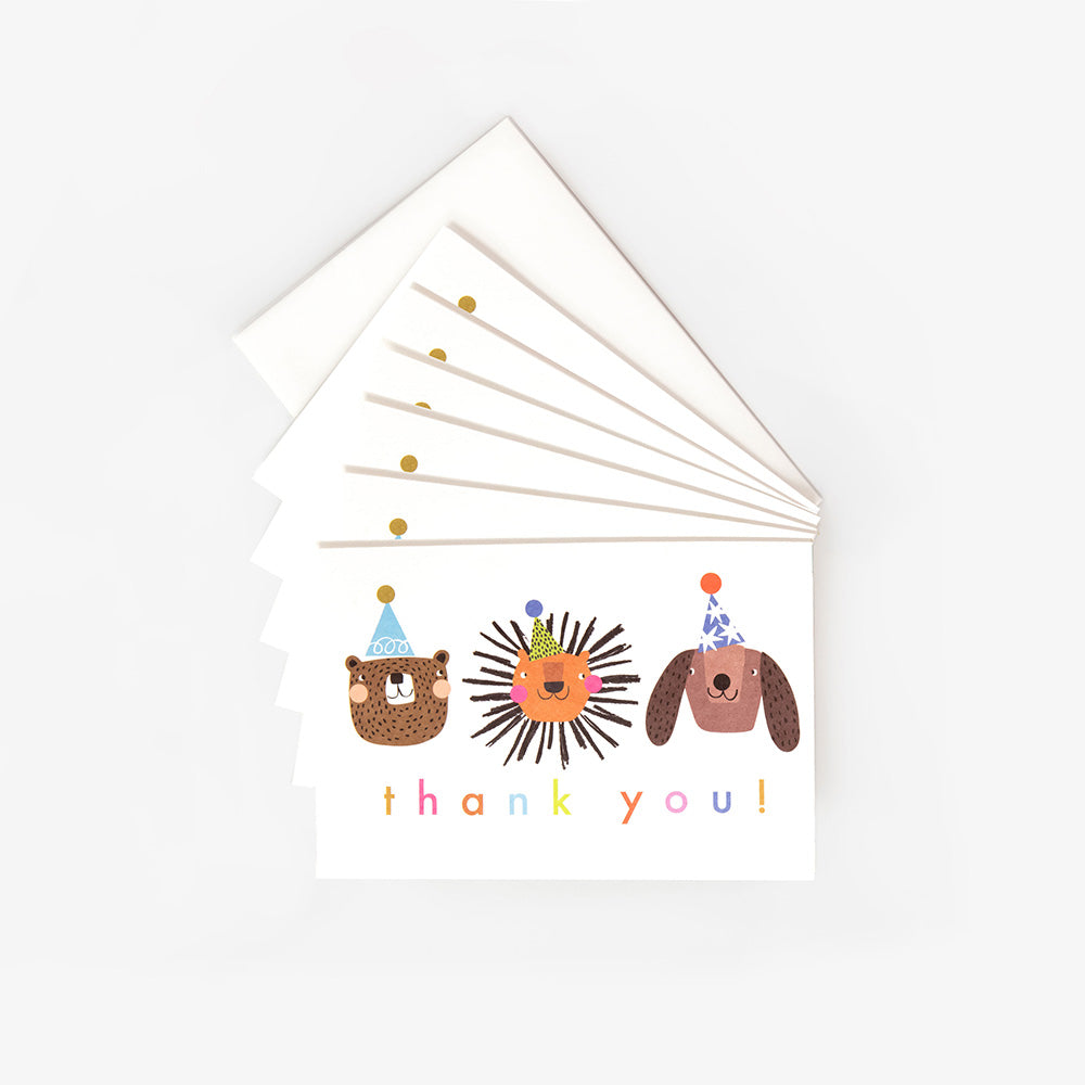 pack of 6 thank you cards featuring animals in colourful party hats