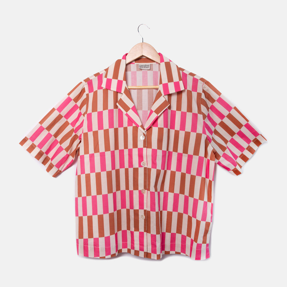 pink & brown offset stripe cotton revere collar short sleeved pyjama shirt