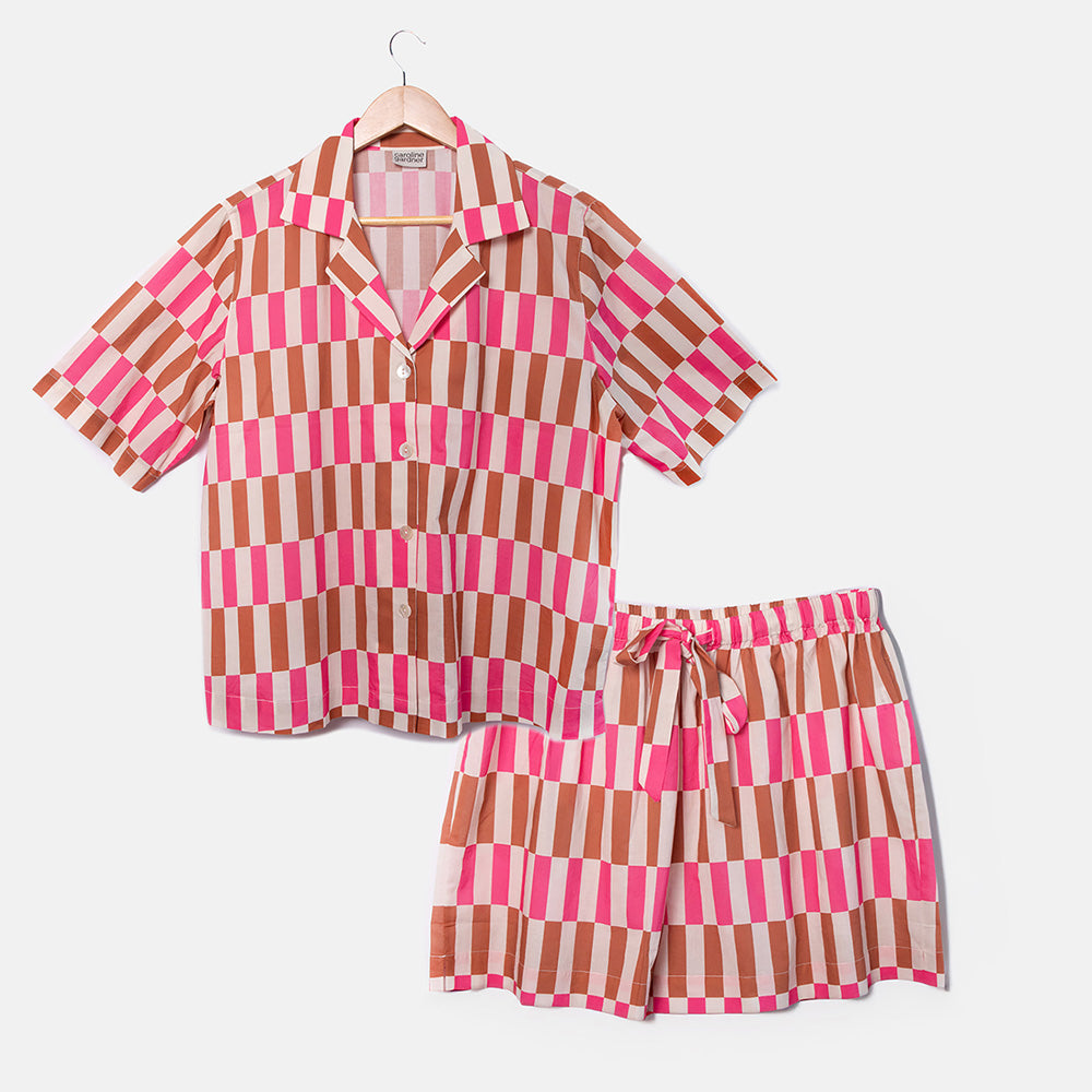 pink & brown offset stripe cotton pyjama set of shorts and revere collar short sleeved shirt