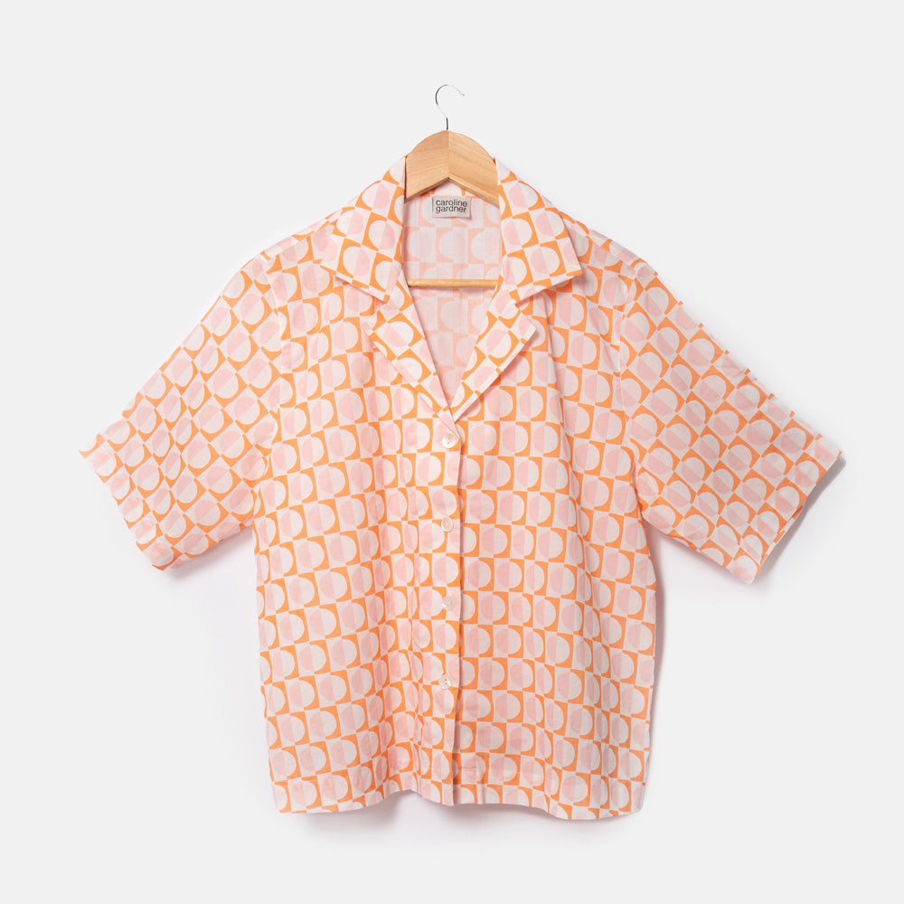 pastel pink & orange geometric circles print cotton revere collar short sleeved pyjama shirt