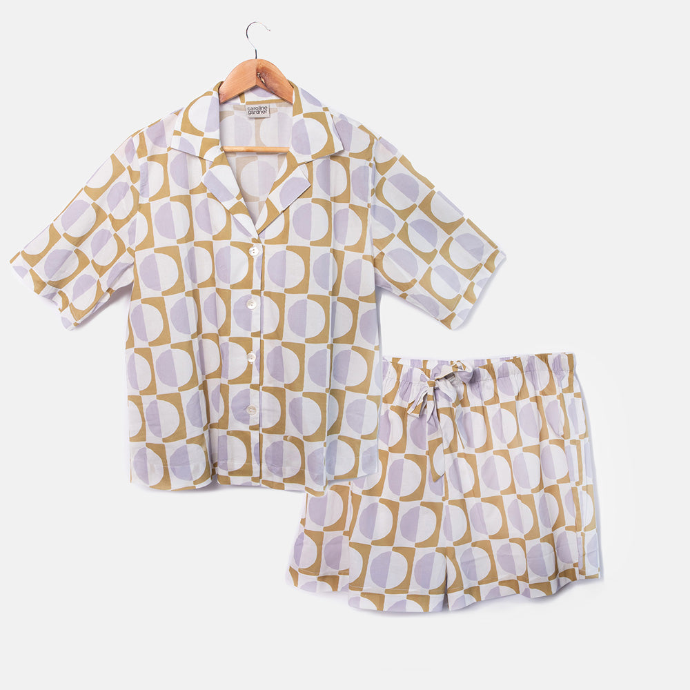 lilac & moss green geometric circles print cotton pyjama set featuring shorts and revere collar shorted sleeved shirt