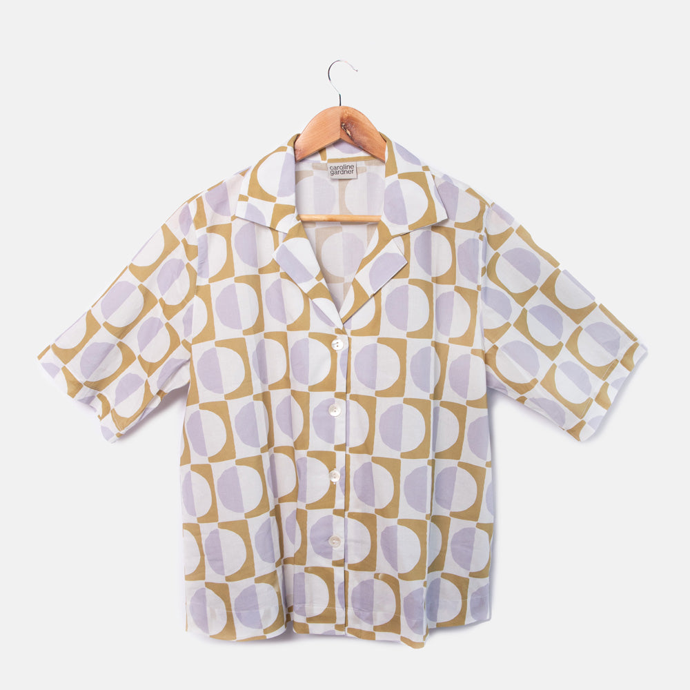 lilac & moss green geometric circles print cotton revere collar shorted sleeved pyjama shirt