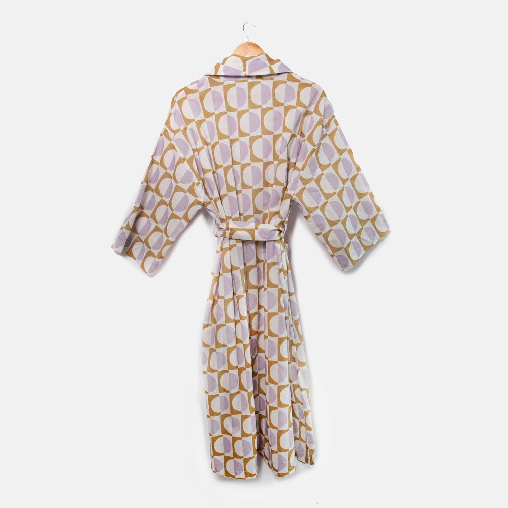 lilac & moss green geometric circles print cotton dressing gown
