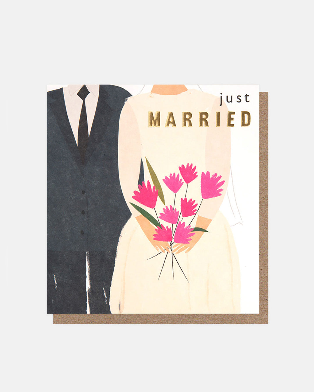 wedding card featuring a couple dressed for their wedding ay with the bride holding a bouquet of pink flowers