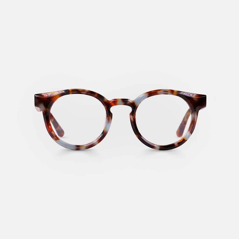 light blue and brown tortoiseshell round frame reading glasses