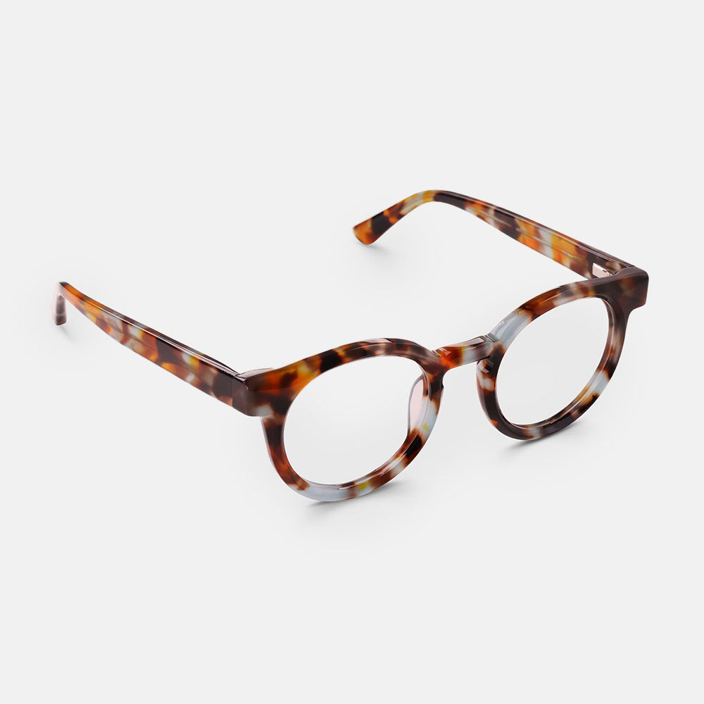 light blue and brown tortoiseshell round frame reading glasses