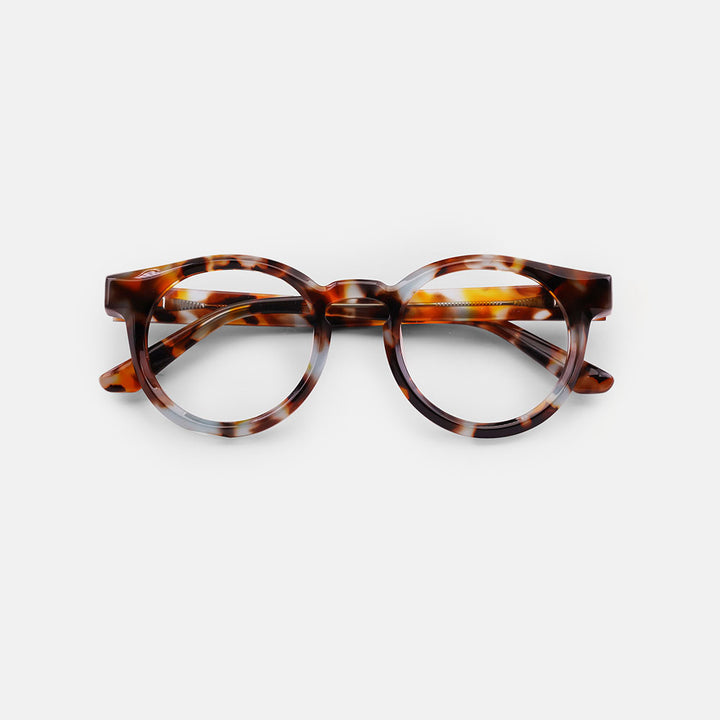 light blue and brown tortoiseshell round frame reading glasses