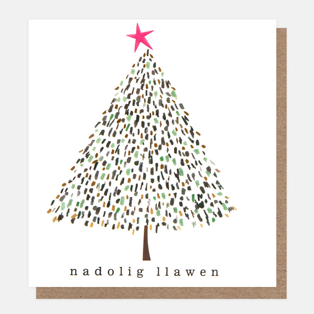 welsh language Christmas card featuring a Christmas tree with pink star on top and the text nadolig llawen 