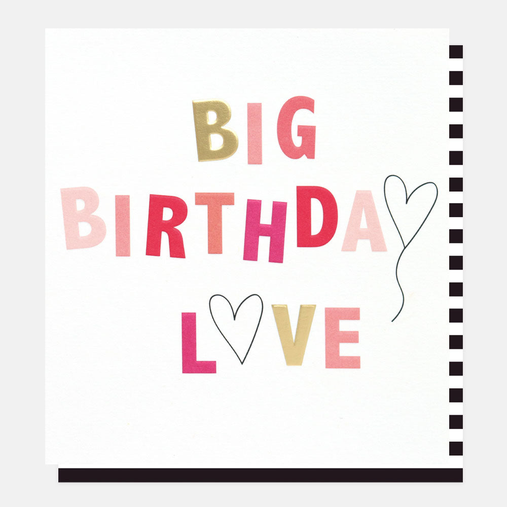 big birthday love slogan card with pink, red and gold lettering and love heart balloons