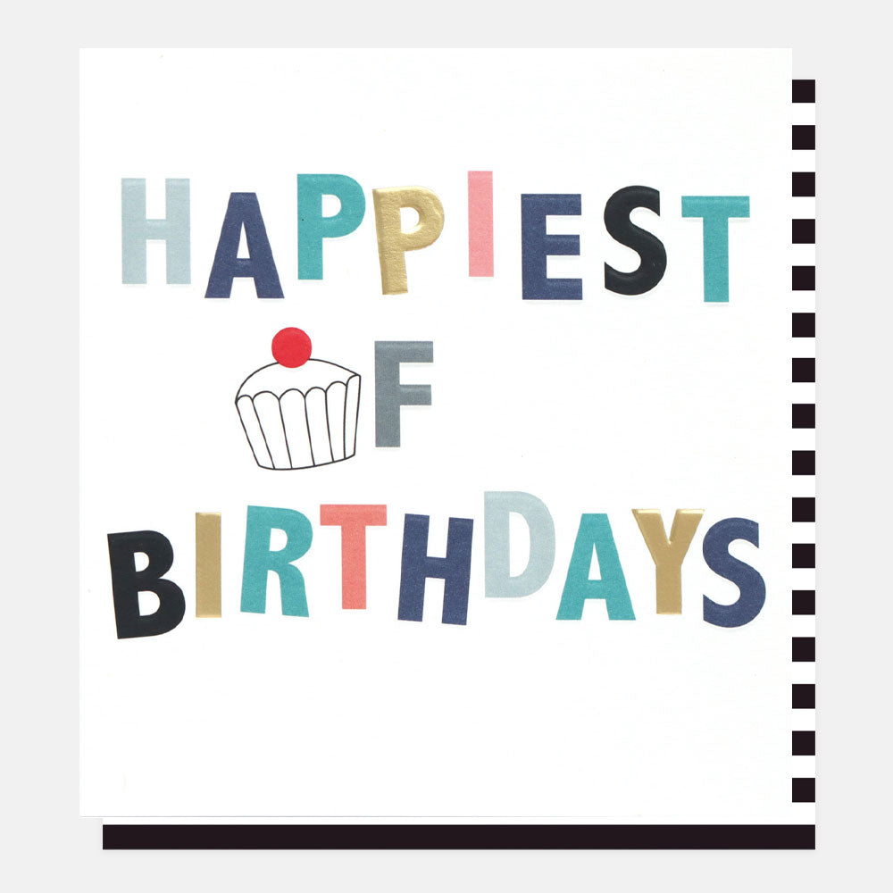 happiest of birthdays slogan card with multi-coloured lettering and cupcake design on white background