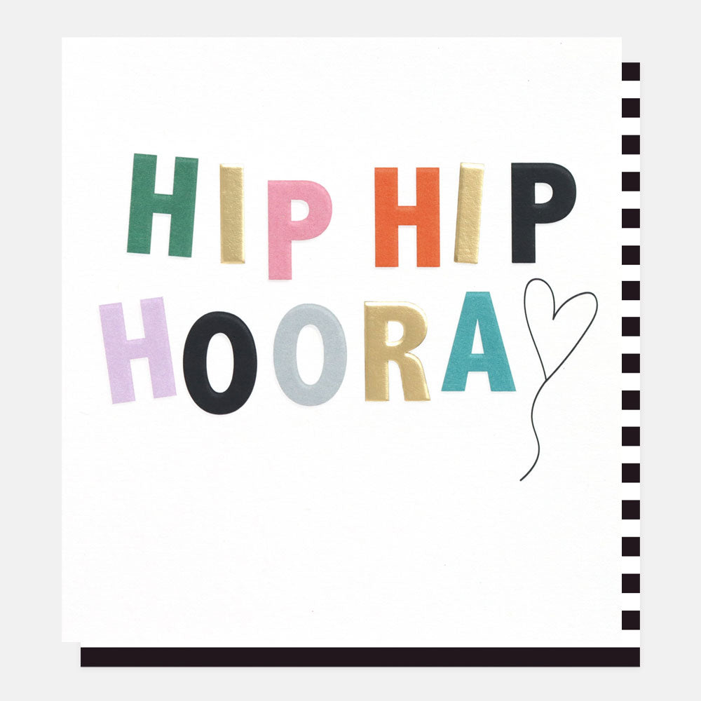 hip hip hooray slogan birthday card with multi-coloured lettering and heart design on white background