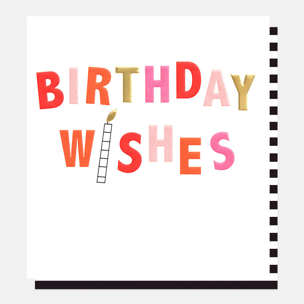 birthday wishes slogan card with pink, red and gold lettering and a birthday candle design on a white background