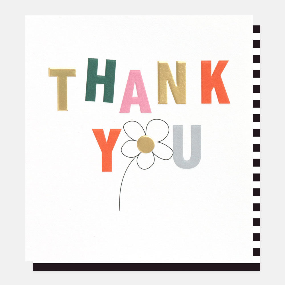 thank you slogan card with multi-coloured lettering and flower design on white background