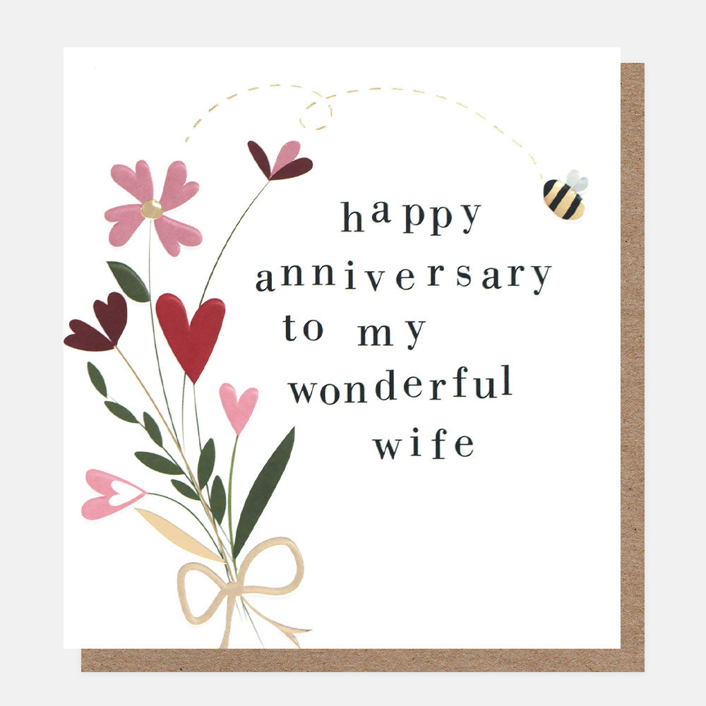 happy anniversary to my wonderful wife card with a bouquet of flowers and hearts and a bee
