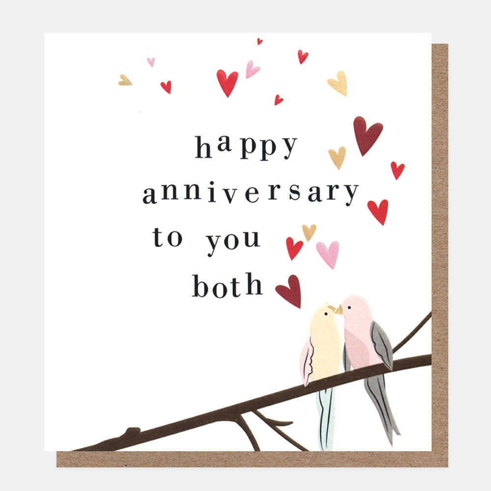 happy anniversary to you both card featuring two lovebirds on a branch with hearts all around