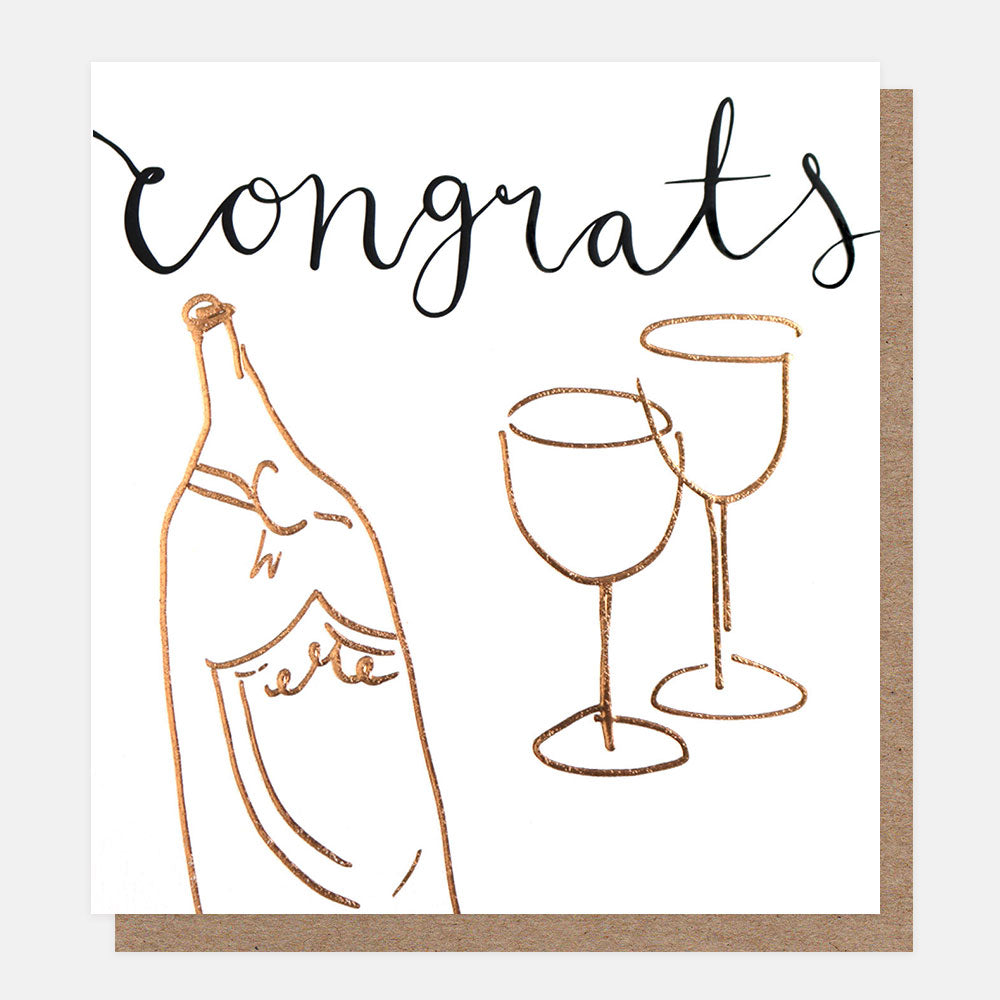congrats slogan congratulations card with gold champagne and glasses design on white background