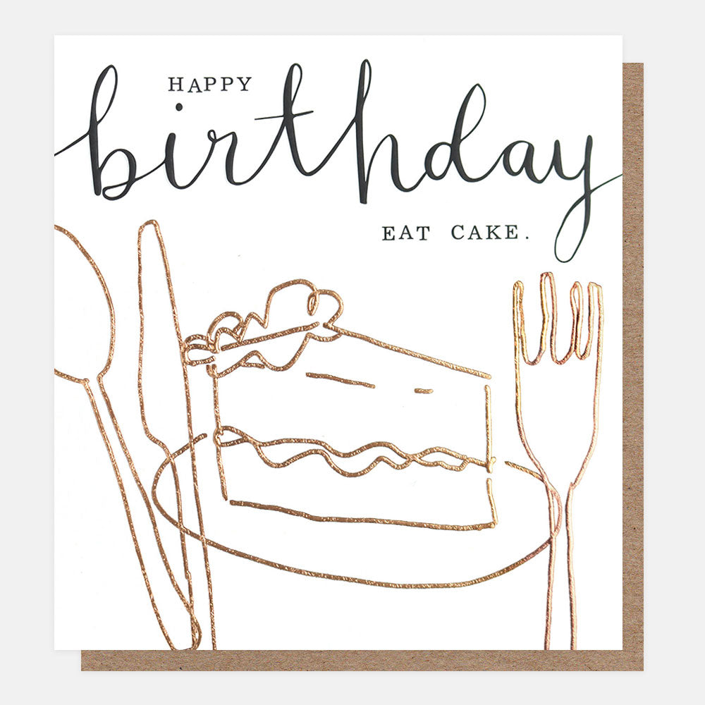 happy birthday, eat cake slogan card with slice of cake and cutlery design in gold on white background
