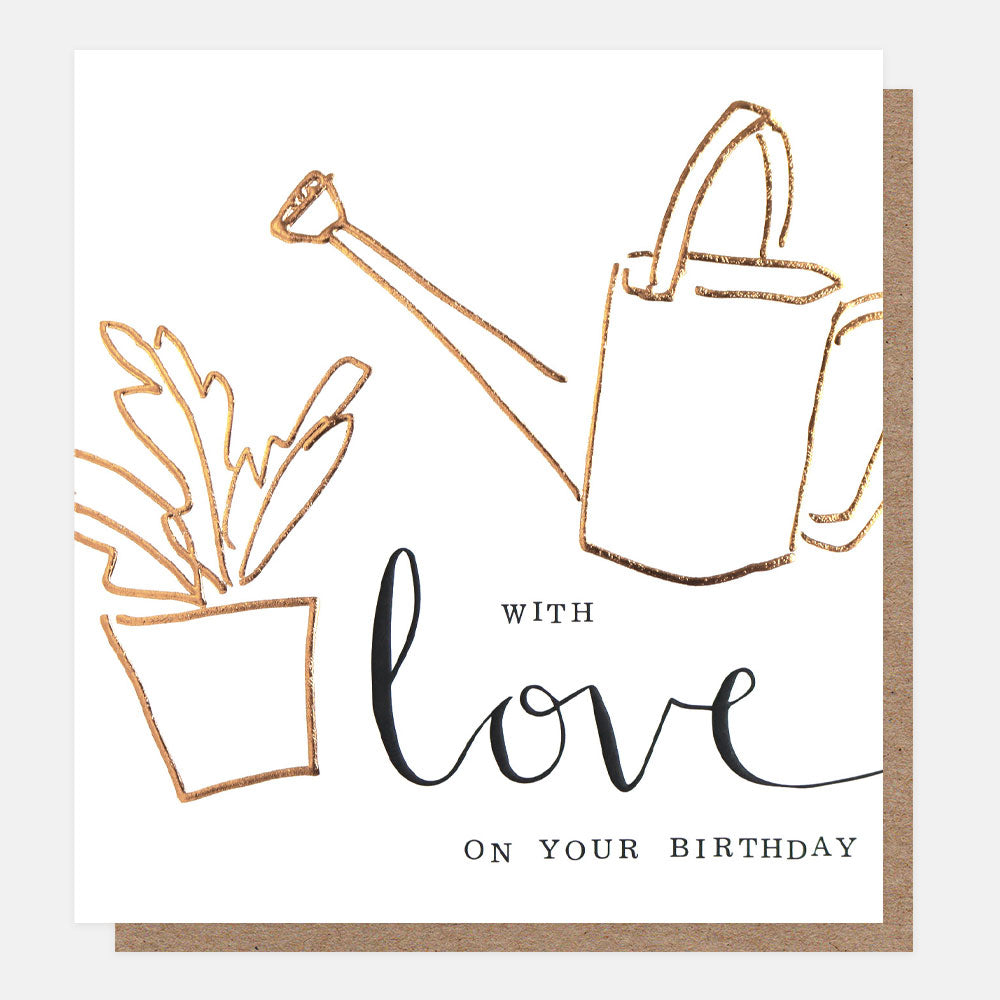 with love on your birthday slogan card with gold watering can and plant design on white background
