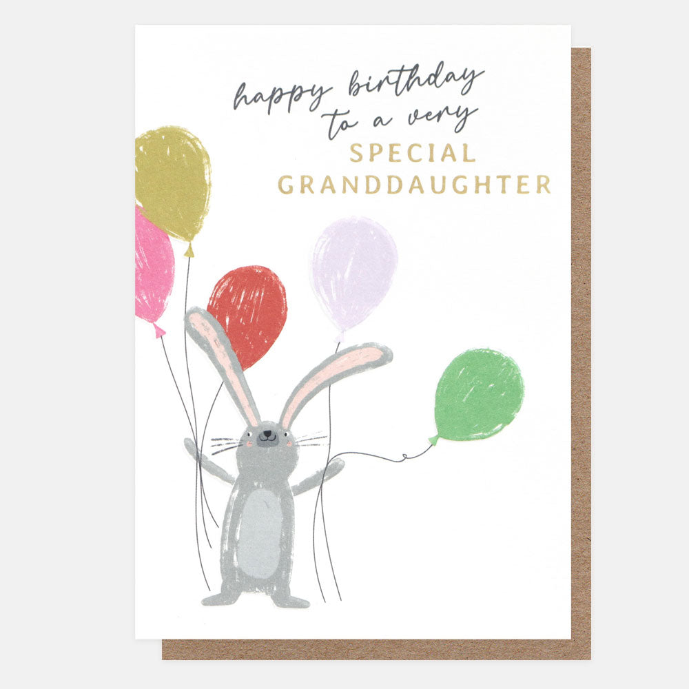 happy birthday to a very special granddaughter card featuring a rabbit holding multi coloured balloons
