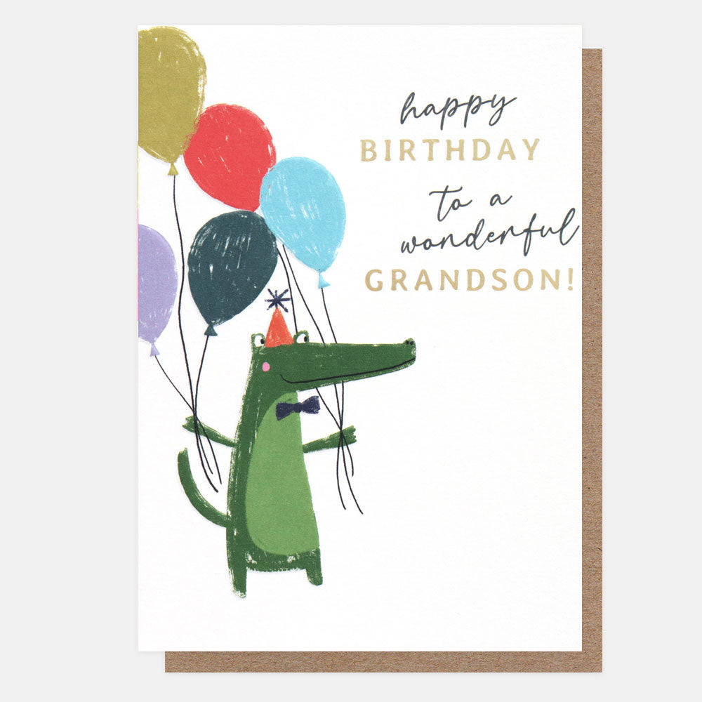 happy birthday to a wonderful grandson card featuring a crocodile holding multi coloured balloons
