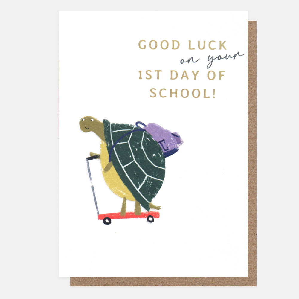good luck on your first of school card featuring a tortoise on a scooter