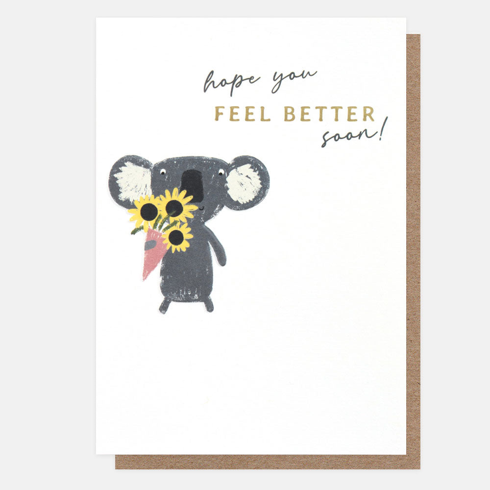 hope you feel better soon card featuring a koala holding a bunch of sunflowers