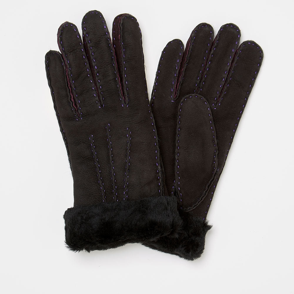 black sheepskin shearling gloves with purple trim