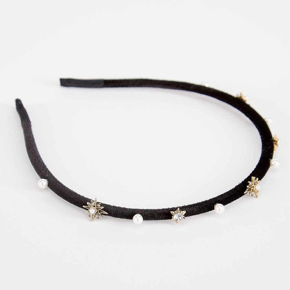 Dünnes Stirnband aus schwarzem Samt mit Juwel/Perle