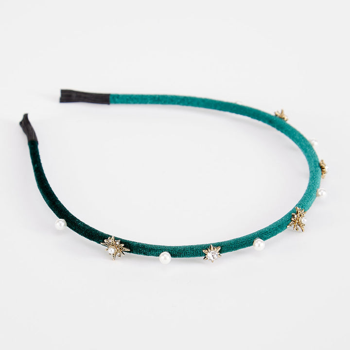 Dünnes Stirnband aus grünem Samt mit Juwel/Perle