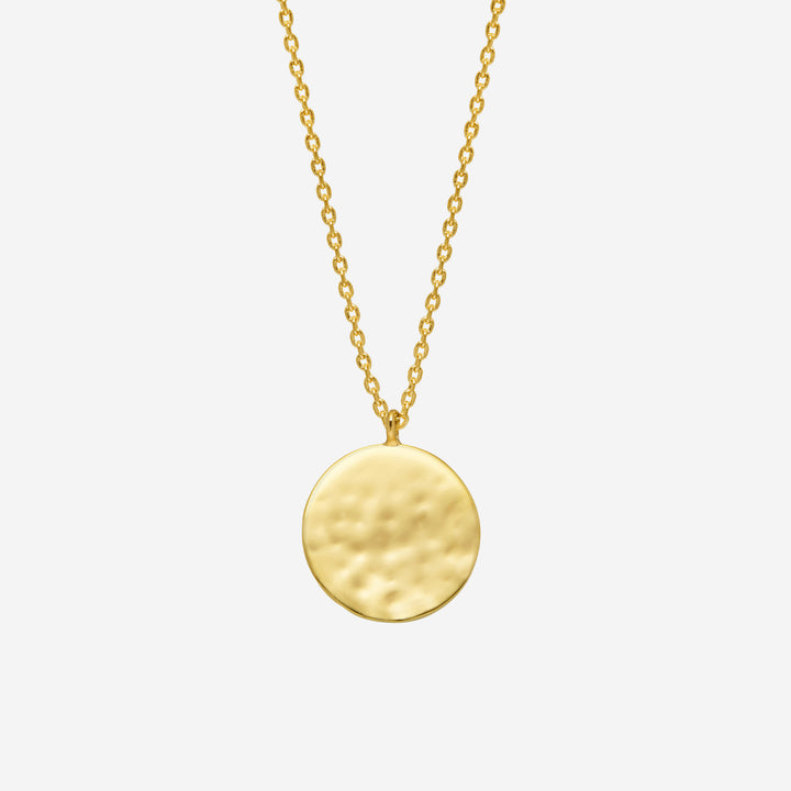 hammered gold disc pendant necklace on small link chain