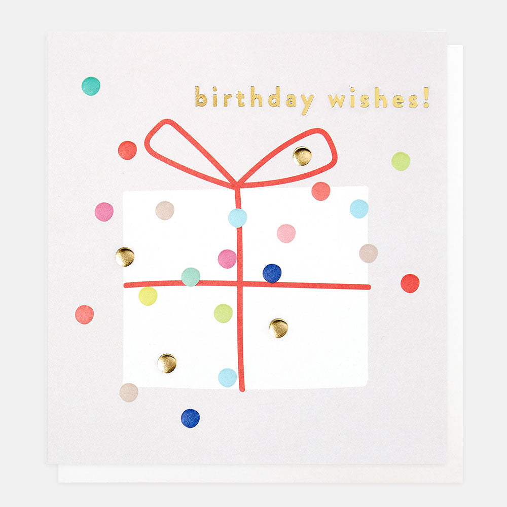 colourful spots wrapped present birthday wishes card