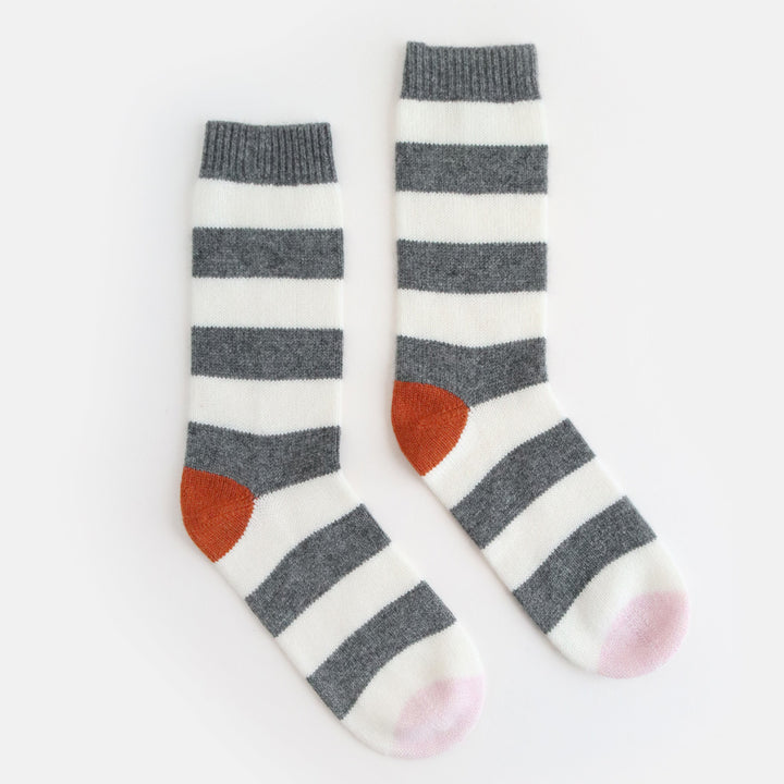 Dark Grey/Cream Stripe Cashmere Bedsocks