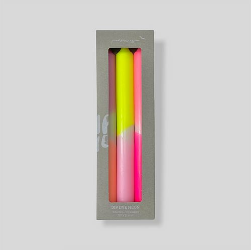 pack of 3 multi-coloured neon dip dye candles in box