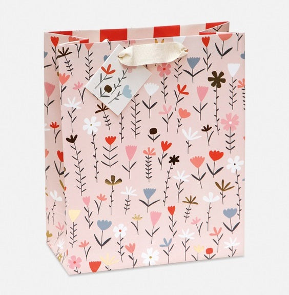 colourful flowers on pink base large gift bag with gift tag