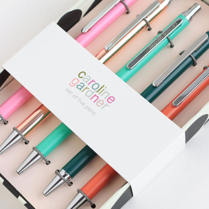 multi coloured set of 5 ballpoint pens in a gift box