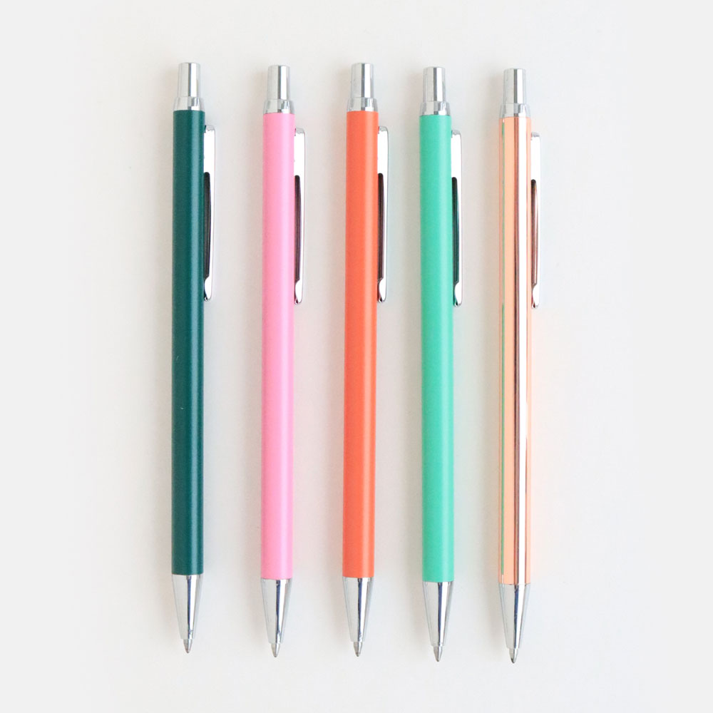 multi coloured set of 5 ballpoint pens in a gift box
