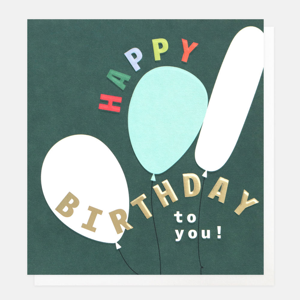 happy birthday to you birthday card featuring green background, balloons and bright bold multi-coloured text