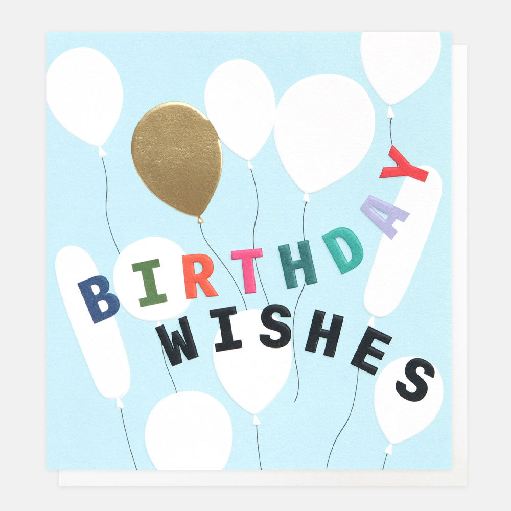 birthday wishes slogan card with gold and white balloons on a light blue background