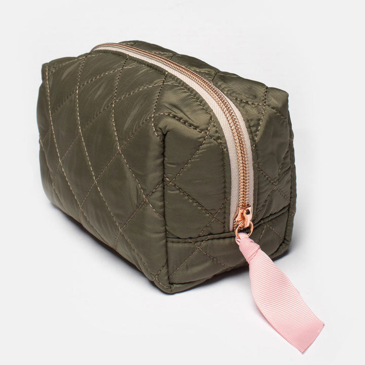 Khaki Quilted Cube Cosmetic Bag