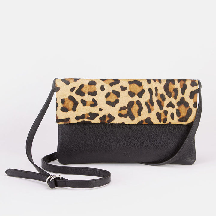 Leopard/Black Leather Slouch Clutch Crossbody Bag