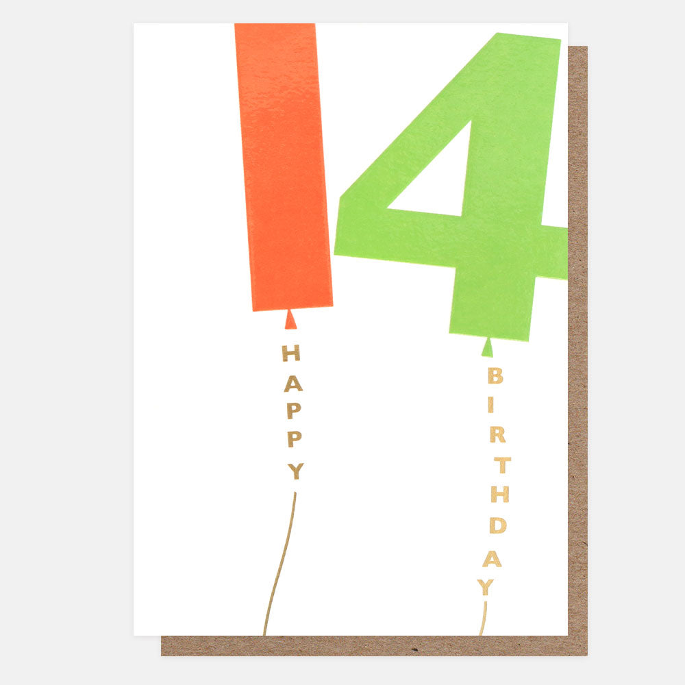 Orange/Green Balloon 14Th Birthday Card