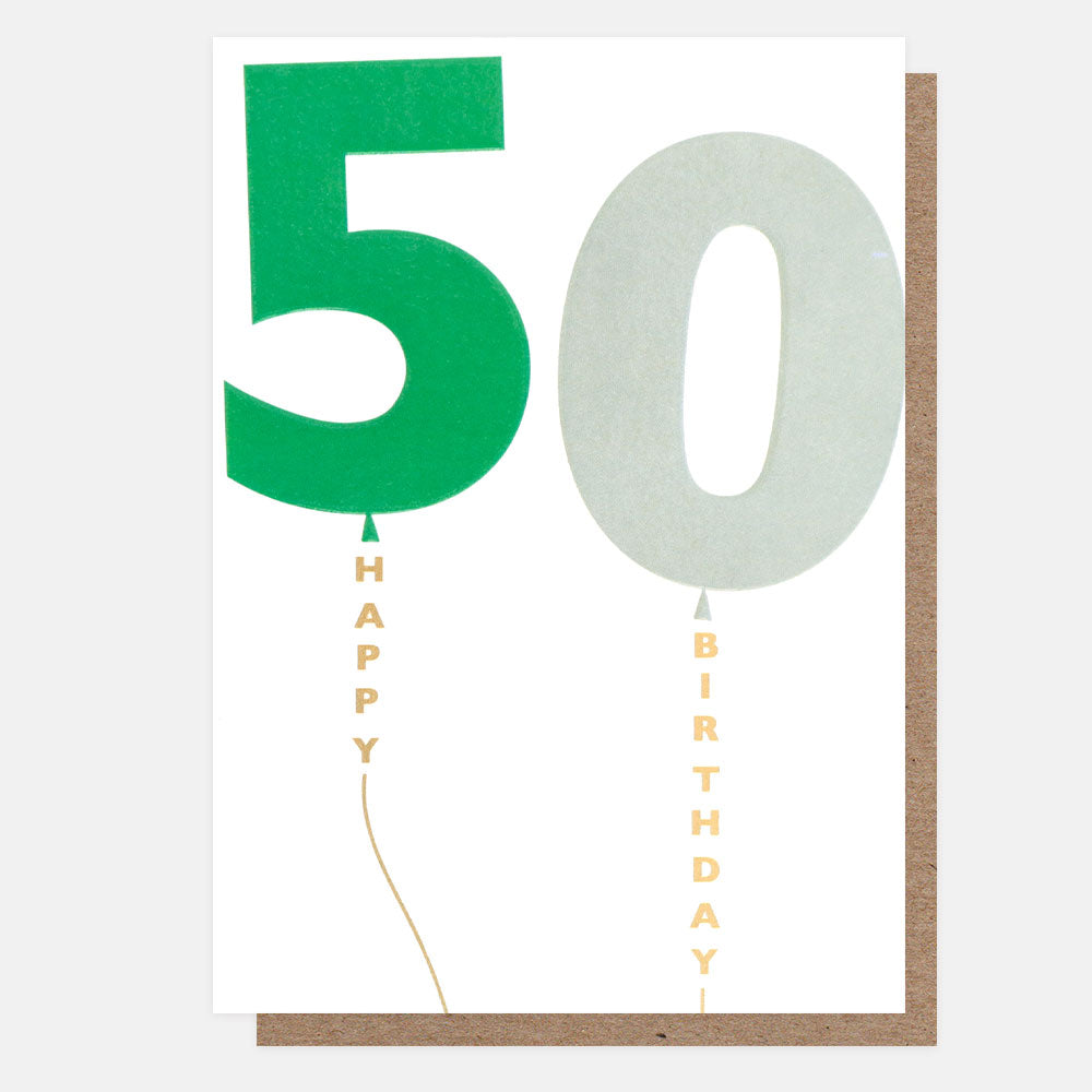 Green/Grey Balloon 50Th Birthday Card