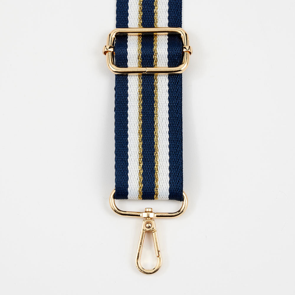 navy, white & gold striped handbag strap