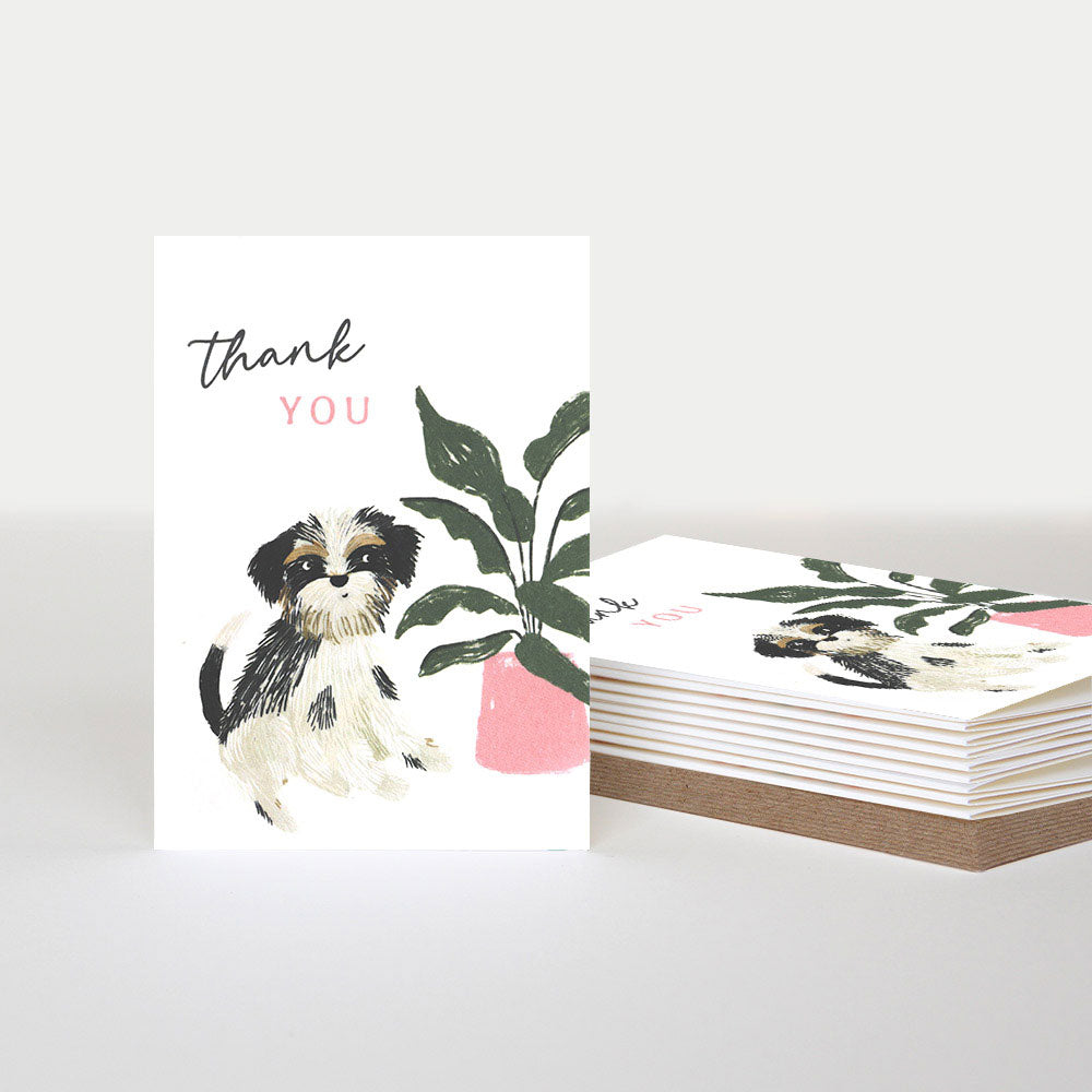 thank you card with cute dog and pot plant design